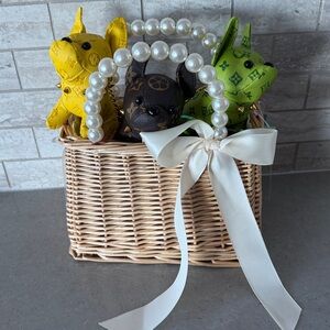 Pearl Handle Basket with Colorful Plush bulldog bag charms